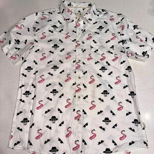 VSTR Men’s short sleeve button down Skulls Flamingos Shades graphics L